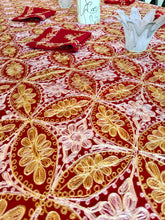 Load image into Gallery viewer, Table Cover: 156 x 78 inches Approx’. Aghabani Oriental for Rectangle Tables, Red background with Gold &amp; Pink Silk Embroidery
