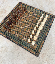 Load image into Gallery viewer, Vintage Mosaic Chess Board with Wooden Pieces, Inlaid Marquetry Game Set, Mother-of-Pearl Accents
