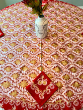Load image into Gallery viewer, Round Table Cover. Diameter: 78 inches Approx'. Aghabani Oriental for Round Tables. Red background with Gold &amp; White Silk
