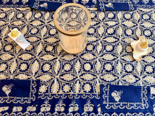 Load image into Gallery viewer, Navy Blue &amp; Gold Embroidered Tablecloth Set – Elegant Floral Design | 94” x 59” | Set of 12 Napkins
