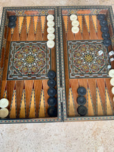 Load image into Gallery viewer, Handmade Mosaic Backgammon Set – Inlaid Walnut Wood &amp; Mother-of-Pearl Game Board
