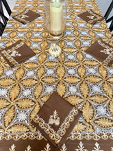 Load image into Gallery viewer, Table Cover: 156 x 78 inches Approx’. Aghabani Oriental for Rectangle Tables, Brown background with Gold &amp; White Silk Embroidery
