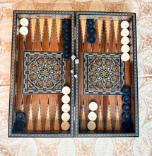 Load image into Gallery viewer, Handmade Mosaic Backgammon Set – Inlaid Walnut Wood &amp; Mother-of-Pearl Game Board
