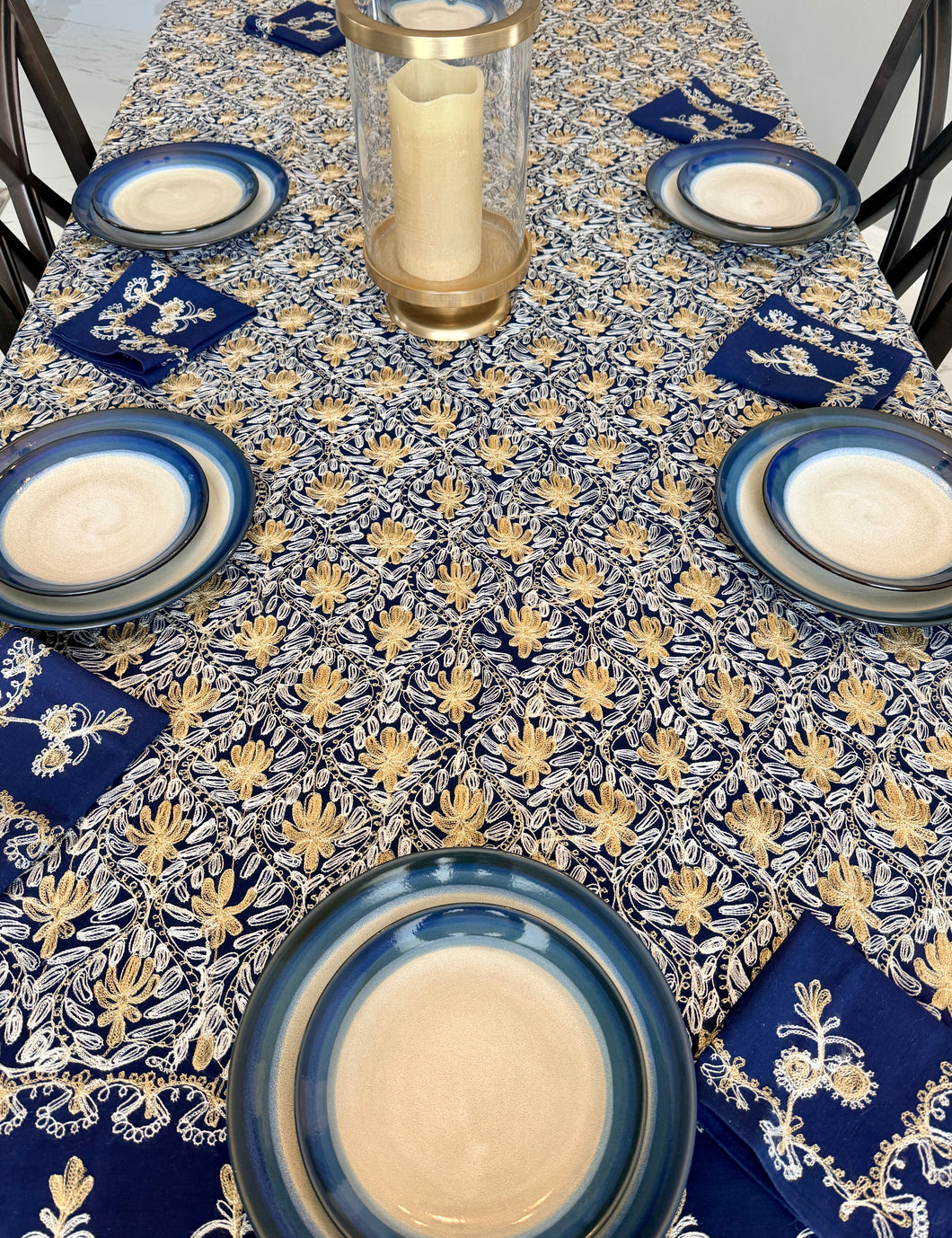 Table Cover: 135 x 78 inches Approx’. Aghabani Oriental for Rectangle Tables, Navy Blue background with Gold & White Silk Embroidery
