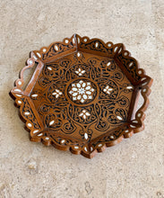 Load image into Gallery viewer, Handcrafted Wooden Tray with Mother-of-Pearl Inlay | Octagonal Serving Tray with Handles | Middle Eastern Damascene Style
