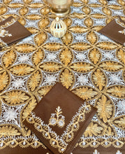 Load image into Gallery viewer, Table Cover: 156 x 78 inches Approx’. Aghabani Oriental for Rectangle Tables, Brown background with Gold &amp; White Silk Embroidery
