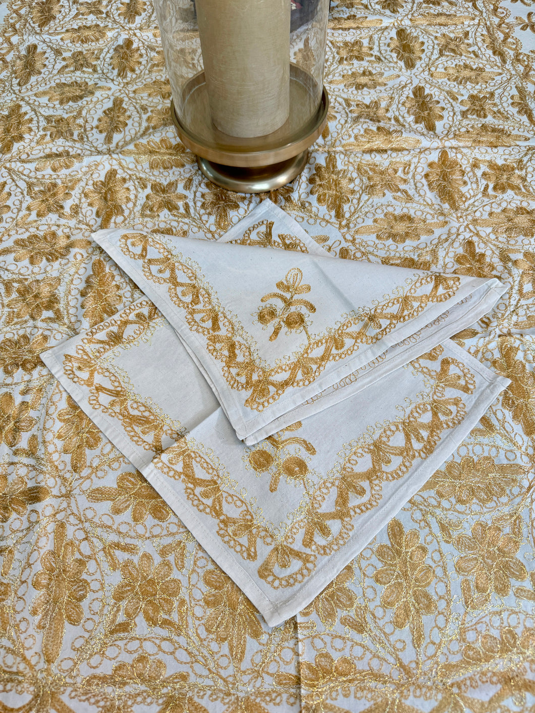 Table Cover: 78 x 56 inches Approx'. Aghabani Oriental for Rectangle Tables. Beige background with Gold Silk