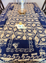 Load image into Gallery viewer, Navy Blue &amp; Gold Embroidered Tablecloth Set – Elegant Floral Design | 94” x 59” | Set of 12 Napkins
