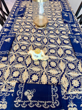 Load image into Gallery viewer, Navy Blue &amp; Gold Embroidered Tablecloth Set – Elegant Floral Design | 94” x 59” | Set of 12 Napkins
