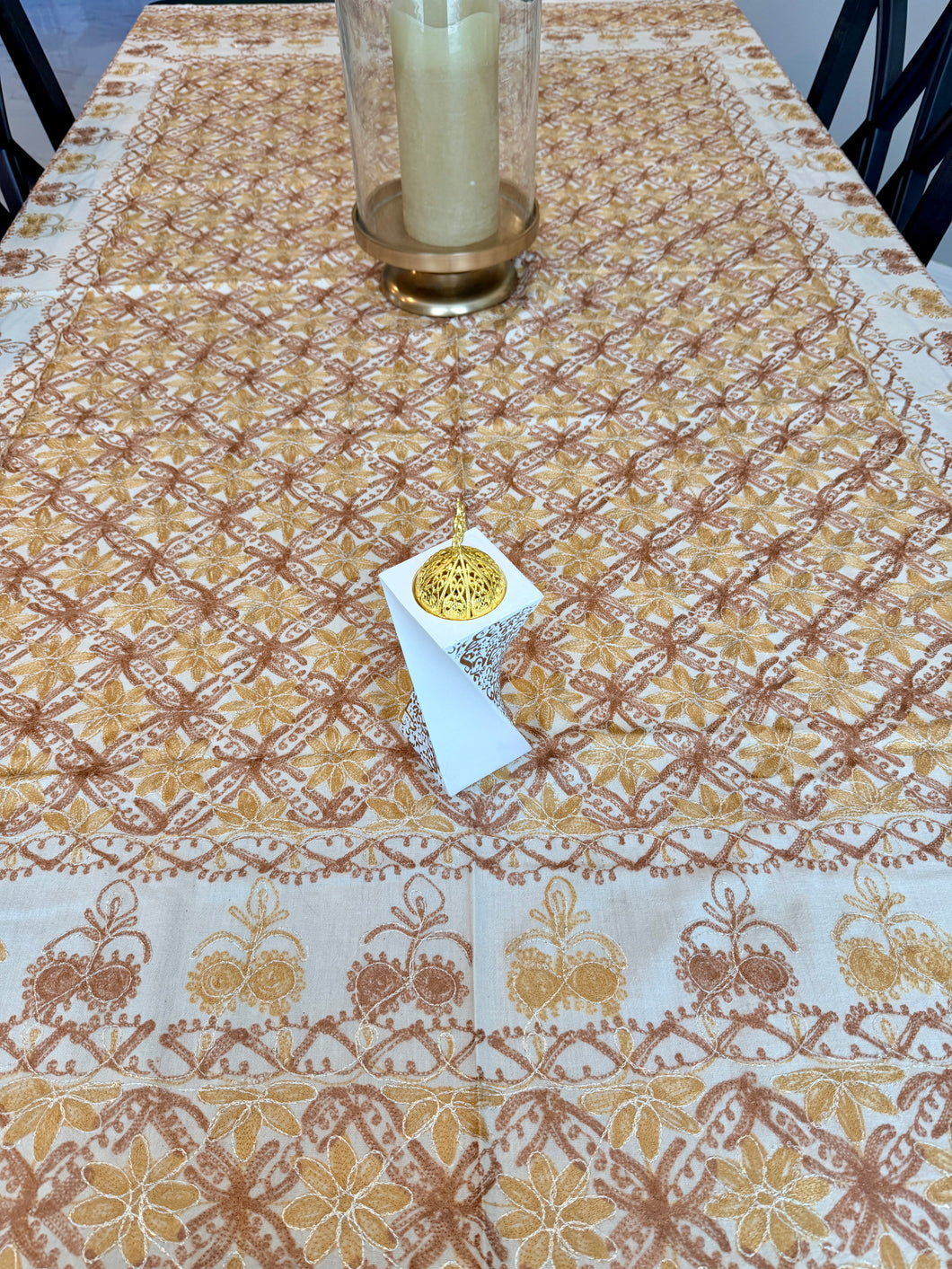 Table Cover: 78 x 56 inches Approx'. Aghabani Oriental for Rectangle Tables. Beige background with Gold and Brick Red Silk