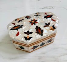 Load image into Gallery viewer, Mother of Pearl Mosaic Jewelry Box | Handcrafted Octagonal Trinket Box with Inlaid Floral Design
