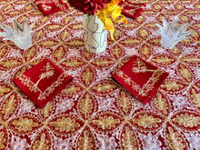 Load image into Gallery viewer, Table Cover: 156 x 78 inches Approx’. Aghabani Oriental for Rectangle Tables, Red background with Gold &amp; Pink Silk Embroidery
