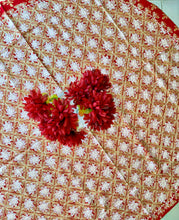 Load image into Gallery viewer, Round Table Cover. Diameter: 78 inches Approx'. Aghabani Oriental for Round Tables. Red background with Gold &amp; White Silk
