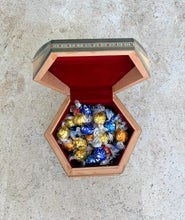 Load image into Gallery viewer, Hexagonal Mosaic Inlay Jewelry Box, Middle Eastern Marquetry with Mother of Pearl, Red Velvet Lined Trinket Box
