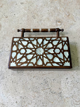 Load image into Gallery viewer, Handcrafted Mother-of-Pearl Inlaid Clutch | Damascene Geometric Star Design | Wooden Handle Evening Bag
