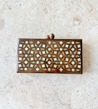 Load image into Gallery viewer, Wooden Box Clutch with Mother of Pearl &amp; Abalone Inlay | Beaded Chain Strap
