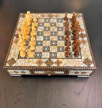 Load image into Gallery viewer, Mother-of-Pearl Mosaic Chess Set with Storage Drawer | Handcrafted Inlaid Wood Chessboard &amp; Carved Chess Pieces | Middle Eastern Marquetry
