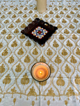 Load image into Gallery viewer, Table Cover: 57 x 57 inches Approx&#39;. Aghabani Oriental for Square Tables. Beige background with White and Gold Silk
