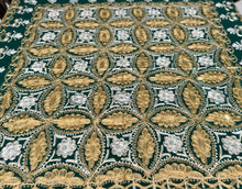 Load image into Gallery viewer, Table Cover: 58 x 58 inches Approx&#39;. Dark Green background with Gold and White Silk Embroidery tablecloth Handmade Aghabani for Square tables
