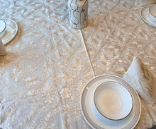 Load image into Gallery viewer, Round Table Cover. Diameter: 78 inches Approx'. Aghabani Oriental for Round Tables. White background with Gold &amp; White Silk
