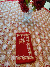 Load image into Gallery viewer, Round Table Cover. Diameter: 78 inches Approx'. Aghabani Oriental for Round Tables. Red background with Gold &amp; White Silk
