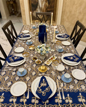 Load image into Gallery viewer, Table Cover: 117 x 67 inches Approx'. Aghabani Oriental for Rectangle Tables, Navy Blue background with Gold and White Silk Embroidery
