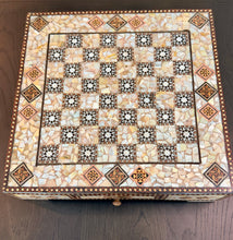 Load image into Gallery viewer, Mother-of-Pearl Mosaic Chess Set with Storage Drawer | Handcrafted Inlaid Wood Chessboard &amp; Carved Chess Pieces | Middle Eastern Marquetry
