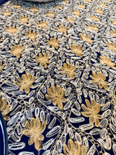 Load image into Gallery viewer, Table Cover: 135 x 78 inches Approx’. Aghabani Oriental for Rectangle Tables, Navy Blue background with Gold &amp; White Silk Embroidery
