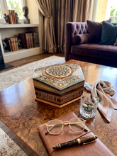 Load image into Gallery viewer, Hexagonal Mosaic Inlay Jewelry Box, Middle Eastern Marquetry with Mother of Pearl, Red Velvet Lined Trinket Box
