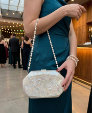 Load image into Gallery viewer, Mother of Pearl Mosaic Clutch with Pearl Beaded Chain Strap
