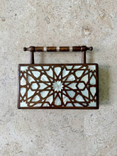 Load image into Gallery viewer, Handcrafted Mother-of-Pearl Inlaid Clutch | Damascene Geometric Star Design | Wooden Handle Evening Bag
