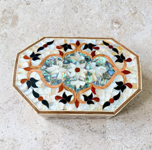 Load image into Gallery viewer, Mother-of-Pearl Inlaid Jewelry Box | Handmade Mosaic Marquetry | Octagonal Wooden Trinket Box with Abalone Shell
