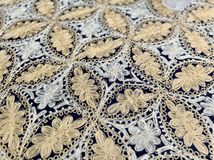 Table Cover: 135 x 78 inches Approx’. Aghabani Oriental for Rectangle Tables, Navy Blue background with Gold & White Silk Embroidery