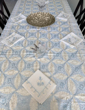Load image into Gallery viewer, Table Cover: 117 x 58 inches Approx&#39;. Aghabani Oriental for Rectangle Tables, White background with Gold and Blue Silk Embroidery
