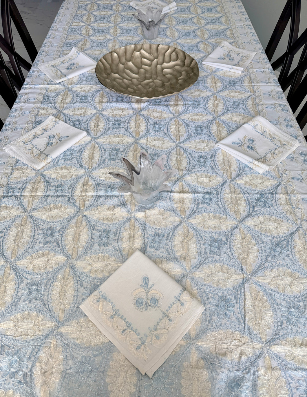 Table Cover: 117 x 58 inches Approx'. Aghabani Oriental for Rectangle Tables, White background with Gold and Blue Silk Embroidery