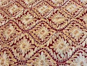 Table Cover: 117 x 75 inches Approx'. Aghabani Oriental for Rectangle Tables, Burgundy background with Gold Silk Embroidery