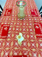 Load image into Gallery viewer, Table Cover: 177 x 74 inches Approx’. Aghabani Oriental for Rectangle Tables, Red background with Gold &amp; White Silk Embroidery
