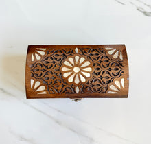 Load image into Gallery viewer, Handcarved Wooden Trunk Box with Mother of Pearl Inlay | Domed Lid Jewelry Chest | Boho Decorative Storage Box

