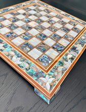Load image into Gallery viewer, Luxury Abalone &amp; Mother of Pearl Chess Set | 16x16 Handcrafted Mosaic Board | Gold &amp; Silver Metal Pieces | Collector Gift | Home Decor
