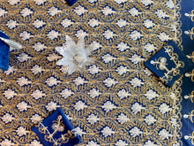 Load image into Gallery viewer, Table Cover: 117 x 67 inches Approx'. Aghabani Oriental for Rectangle Tables, Navy Blue background with Gold and White Silk Embroidery

