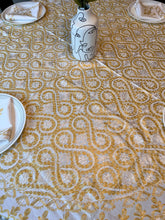 Load image into Gallery viewer, Round Table Cover. Diameter: 78 inches Approx'. Aghabani Oriental for Round Tables. White background with Gold &amp; White Silk
