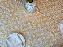 Load image into Gallery viewer, Round Table Cover. Diameter: 78 inches Approx'. Aghabani Oriental for Round Tables. White background with Gold &amp; White Silk

