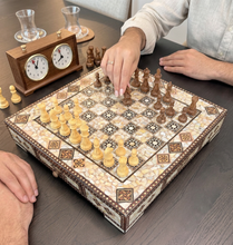 Load image into Gallery viewer, Mother-of-Pearl Mosaic Chess Set with Storage Drawer | Handcrafted Inlaid Wood Chessboard &amp; Carved Chess Pieces | Middle Eastern Marquetry
