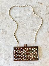 Load image into Gallery viewer, Wooden Box Clutch with Mother of Pearl &amp; Abalone Inlay | Beaded Chain Strap
