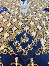 Load image into Gallery viewer, Table Cover: 117 x 67 inches Approx'. Aghabani Oriental for Rectangle Tables, Navy Blue background with Gold and White Silk Embroidery
