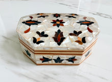 Load image into Gallery viewer, Mother of Pearl Mosaic Jewelry Box | Handcrafted Octagonal Trinket Box with Inlaid Floral Design
