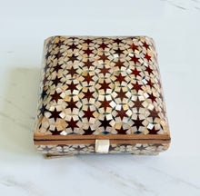 Load image into Gallery viewer, Vintage Khatam Mosaic Inlay Box | Micro-Mosaic Marquetry Jewelry Box | Star &amp; Diamond Pattern | 6.1 x 6.1 x 3.5”
