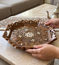 Load image into Gallery viewer, Handcrafted Wooden Tray with Mother-of-Pearl Inlay | Octagonal Serving Tray with Handles | Middle Eastern Damascene Style

