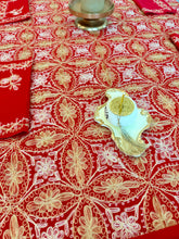 Load image into Gallery viewer, Table Cover: 177 x 74 inches Approx’. Aghabani Oriental for Rectangle Tables, Red background with Gold &amp; White Silk Embroidery
