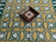 Load image into Gallery viewer, Table Cover: 58 x 58 inches Approx&#39;. Dark Green background with Gold and White Silk Embroidery tablecloth Handmade Aghabani for Square tables
